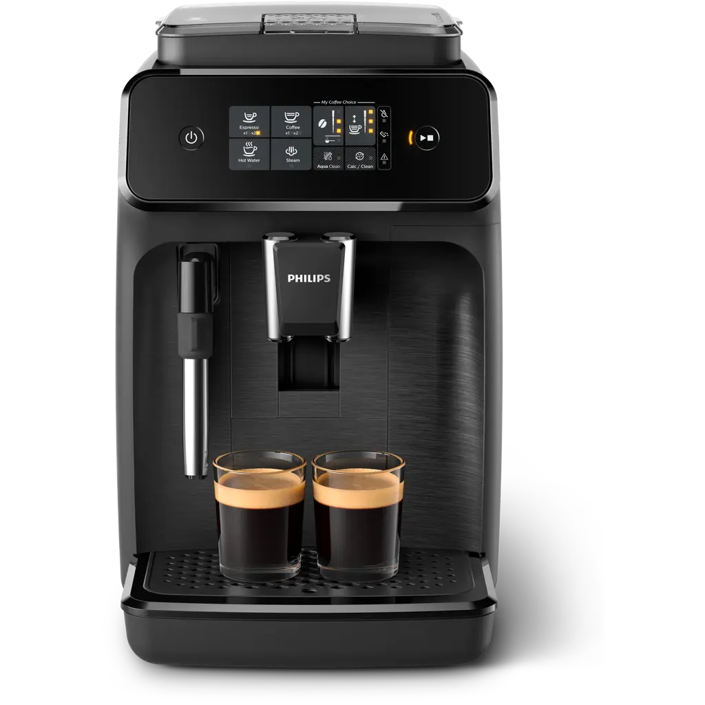 Philips Kaffeevollautomat Serie 1200 – für 2 Getränke, Schwarz + Milchaufschäumer